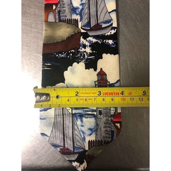 🌼5for$25🌼Beans McGee. Mens Silk Lighthouse and Boat Designer Dress Tie - Picture 5 of 8